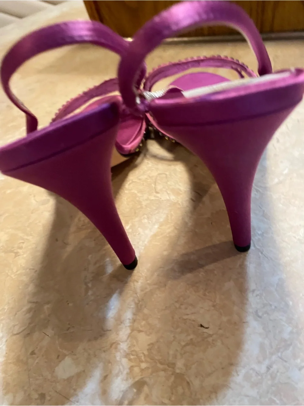 Roberto Botticelli Fuchsia Satin Slingback Heels with Crystal Accents